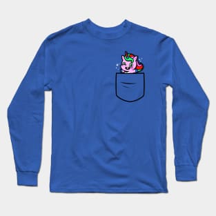 Funny Cute Kawaii Unicorn Cartoon Pocket Design Gift For Kids Long Sleeve T-Shirt